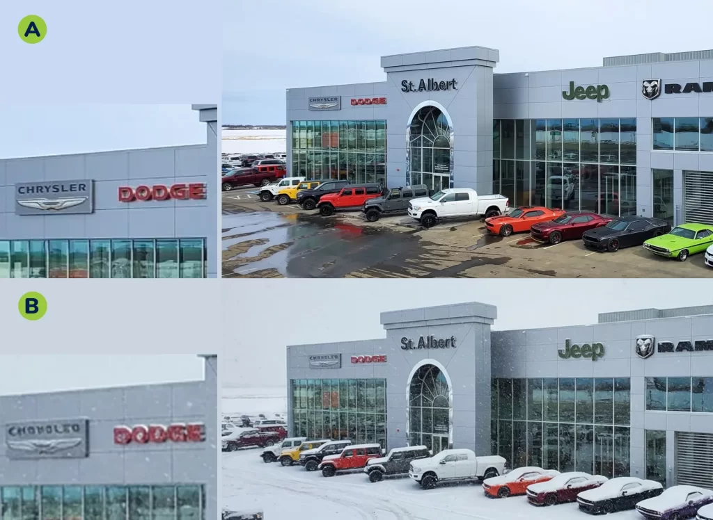 images de véhicules générées par l’IA pour une photo de bâtiment d'un concessionnaire